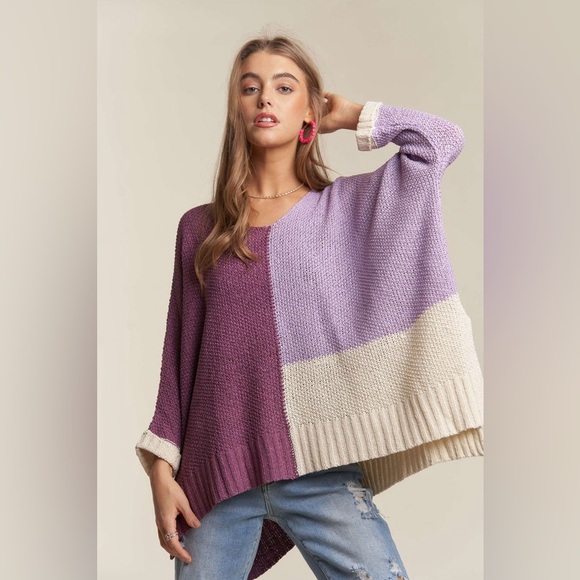 ADORA Sweaters - ADORA Side Slit Color Block Long Sleeve Sweater